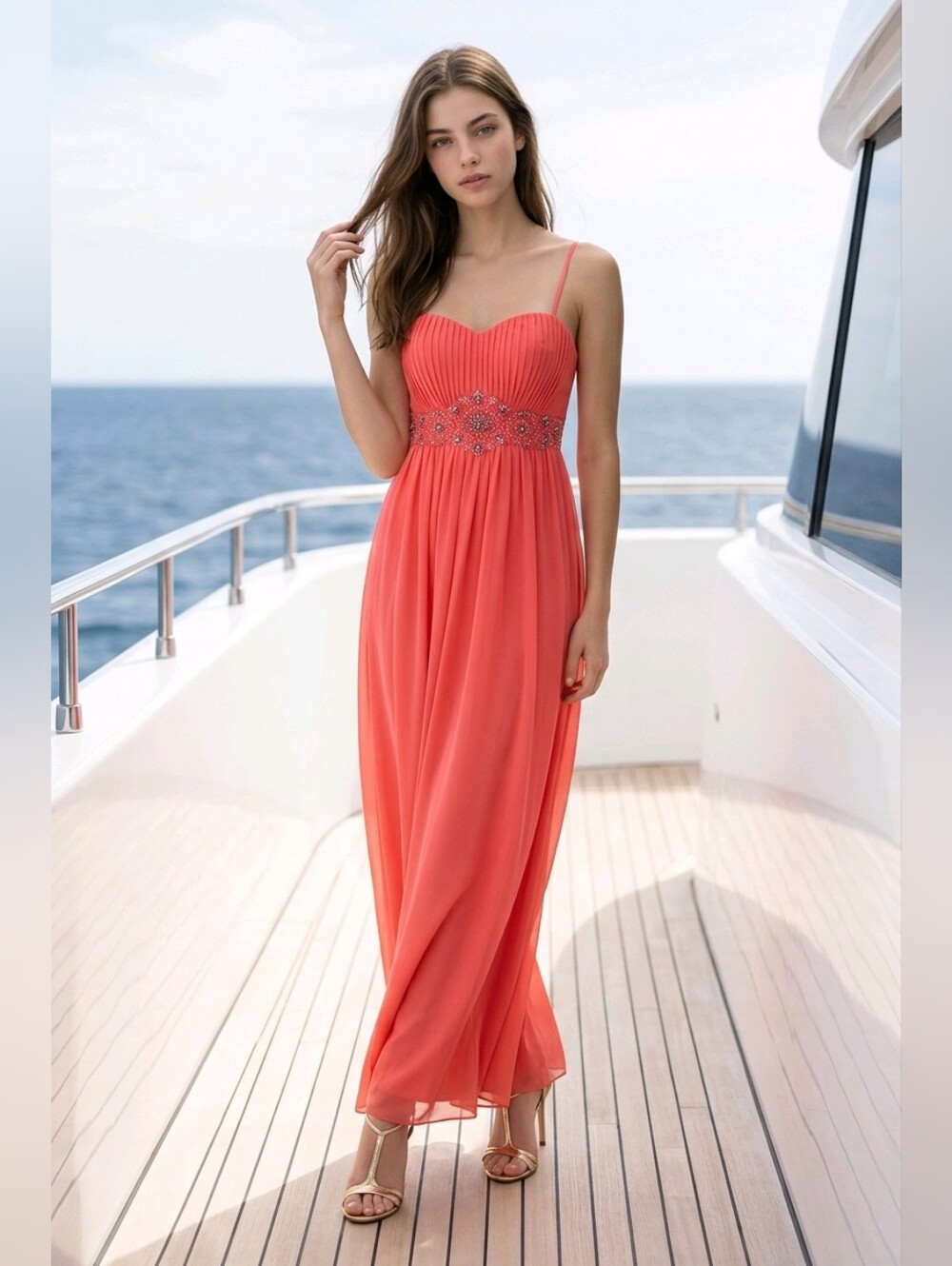Coral Spaghetti-Strap Evening Gown with Embellished Waist
